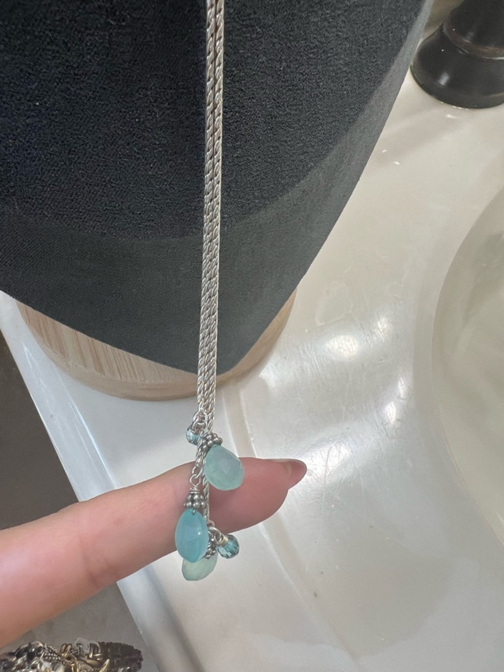 Sterling Silver Lariat Necklace with Aqua Teardrop Charms - Picture 3 of 3